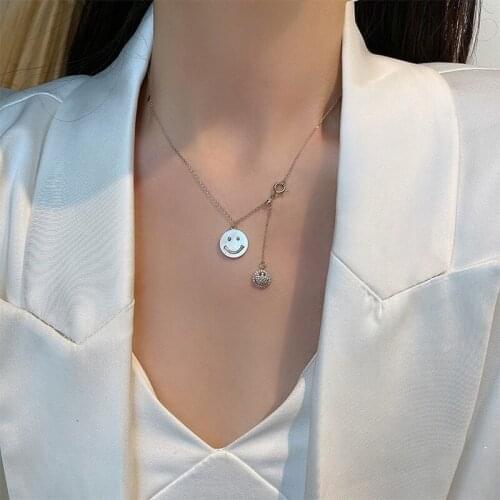 U-Magical French Vintage Cubic Zircon Shell Smile Face Pendant Necklace for Women Creative Metal Asymmetric Necklace Jewelry