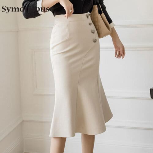 Elegant Stretch Package Hip Skirts High Waist Buttons Midi Black Apricot Skirts Women Plus Size Casual Office Lady Pencil Skirt