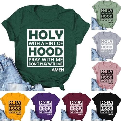 Women Fashion Casual Round Neck Short Sleeve T-Shirt Solid Color Personalized Text Combination Printing Daily All-match Shirt