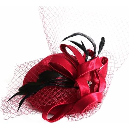 Women Chic Fascinator Hat Cocktail Wedding Party Church Headpiece kentucky Headwear Feather Hair Accessories Wine Red Fascinator