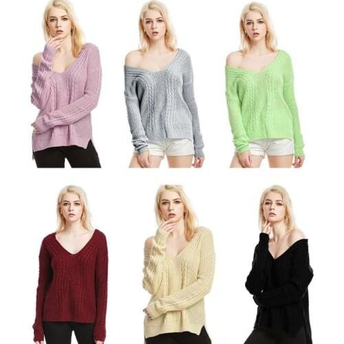Women Long Sleeve Cable Knit Sweater Sexy Off Shoulder Criss Cross Back Pullover Tunic Top Solid Color Asymmetric Jumper