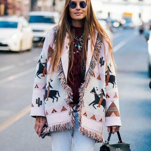 Boho Inspired Oversized Jacquard Cardigan fringe hem belt tied cardigan women new 2021 autumn winter warm boho cardigan coat