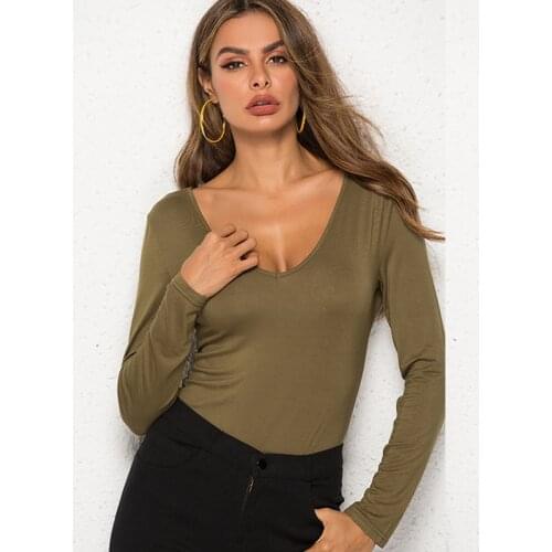 New Women Long Sleeve V Neck Bodysuits Jumpsuit Leotard Tops Stretch Solid Casual Body Femme Fall Winter Womens Clubwear