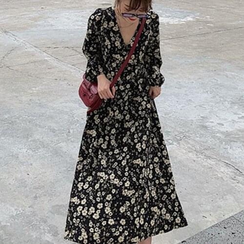 Plus Size Spring Mid-Length Floral Dress Female 2021 New Fashion V-Neck Loose Chiffon French Style Vintage Long Sleeve dresses