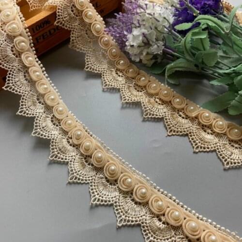 1 Yard Light Gold Pearl Tassel Plum Flowers Pearl Lace Trimmings Ribbons Beaded Lace Fabric Embroidered Sewing Wedding Dress