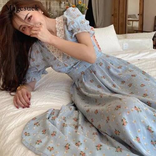 Women Printing V Neck Long Dress New Floral Summer Dress Lace Chiffon Casual Vintage Puff Sleeve Party Dress Vestidos 13574