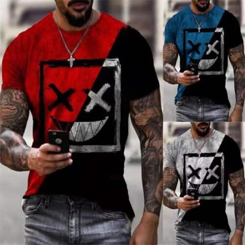 European And American Mens Foreign Trade Summer Loose Casual Fashion Round Neck Color Matching Smiley Short-sleeved T-shirt Top