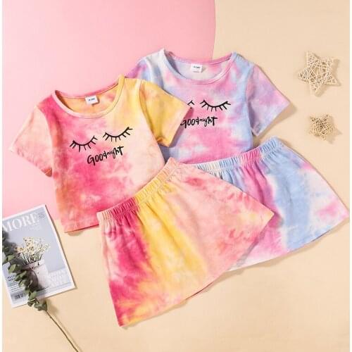 Summer Kids Girls Outfit Fashion Tie Dyed Cotton 2pcs Sets Short Sleeve T-shirt Skirt for Children Baby Girls 18M-6Years