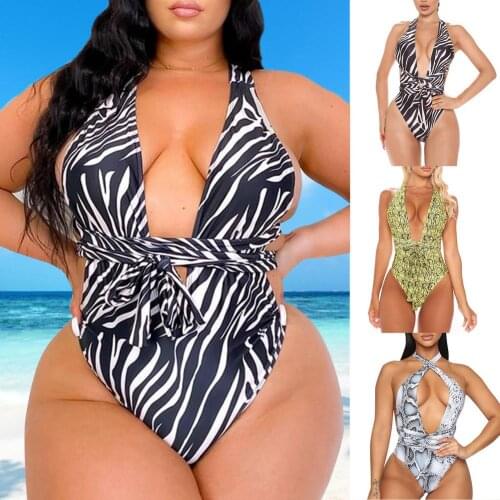 Deep V Neck Bikini Womens Swimsuit Halter Bathing Suit Plus Size Sexy Swimsuit One Piece High Cut Swimwear