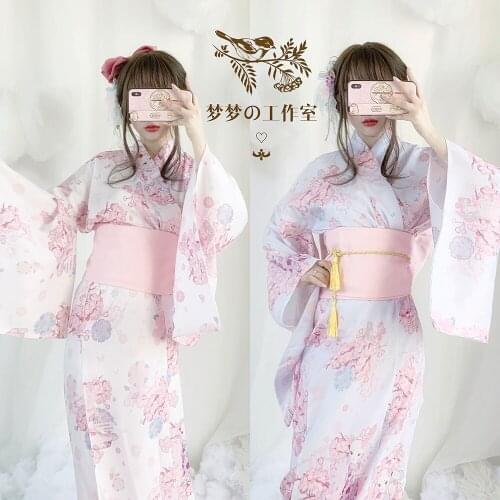 Customized Original Design Improved Kimono Suit Japanese Style Fairy Girl Style Cherry Cat Vintage Photos Kimono Dress