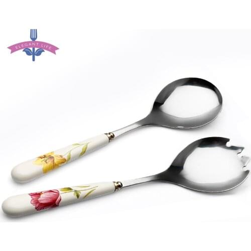 2 PCS Salad Servers Tableware Set Kitchen Gadgets Salad Spork and Spoon Stainless Steel Dinnerware Herb Garden Ceramic Flatware