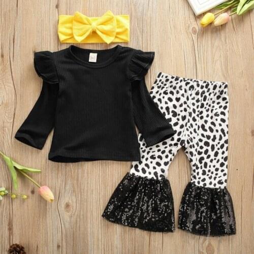 Toddler Kid Baby Girl Clothes Set Knit Top T-shirt Flared Shinny Leopard Pants Headband Fashion Girls 3pcs Outfit Set