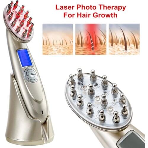 Red Laser Anti Hair Loss Comb RF EMS Nurse LED Photon Stimulate Hair Regrowth Brush Massager Head Scalp Repair LCD Rechargeable