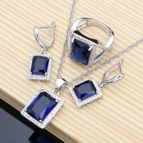 Square 925 Sterling Silver Jewelry Blue Cubic Zirconia White CZ Jewelry Sets For Women Party Earrings/Pendant/Necklace/Ring