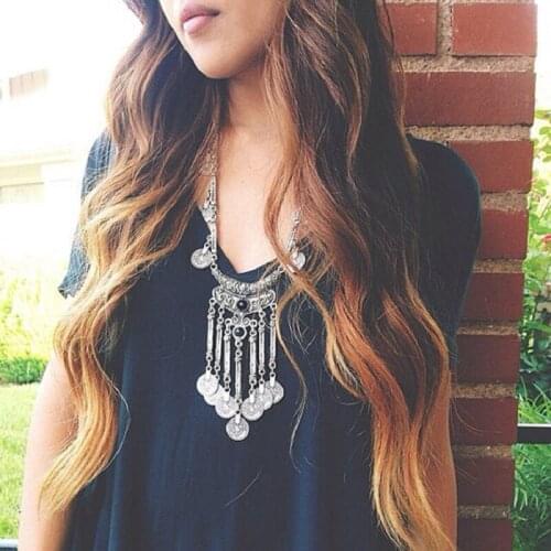 LZHLQ Trendy Long Coin Tassel Necklaces Vintage Mosaic Resin Necklace Women Carved Pendant Jewelry Statement Metal Plated Chain