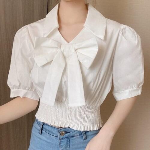 Fashion Elegant Casual Slim Short Blouses Femme Puff Short Sleeve Turn-down Collar Shirt Korean Sweet Bowknot Crop Top Blusas