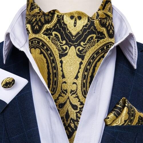Luxury Men Silk Ascot Wedding Party Gold Paisley Cravat Necktie Pocket Square Cufflinks 3pcs Set Gentleman Ascot Tie DiBanGu