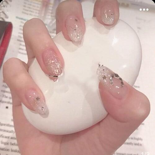 24pcs Shiny Star Fake Nails With Jelly Glue Full Cover False Nails Frech Nail Art Nail Tips Manicure Tool