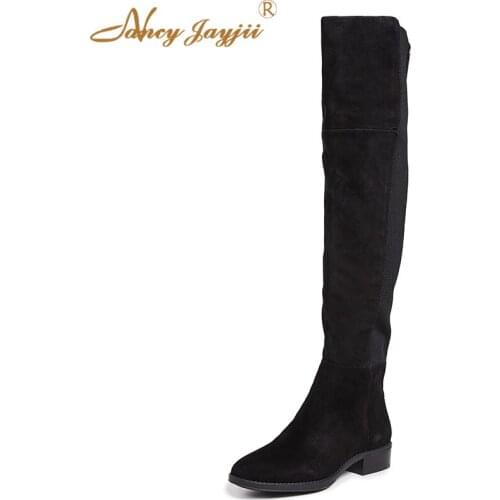 Knee High Boots Black Solid Ladies Winter Cotton Fabric Square Heel Zipper Concise Leisure Shoes Woman Round Toe Work 38