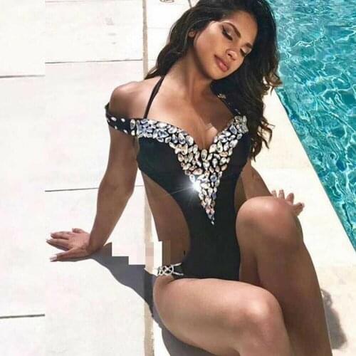 2019 New Style Fashion Hot Womens One Piece Swimsuit Push Up Bikini High Cut Monokini Deep V Neck With Diamond Beachwear