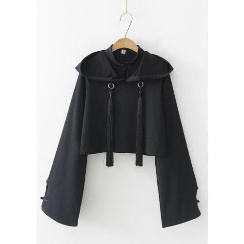 New Style Women Hooded Short Pullover Sweatshirts Crop Hoodies 2020 Autumn Girls Solid Color Black Top With Tassel