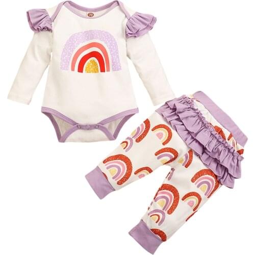 Girl’s Rainbow Printed 2Pcs Romper Set, Long Fly Sleeve Triangle Tops with Ruffled Waist Elastic Long Pants