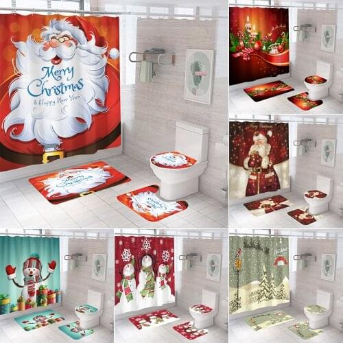 Santa Claus Merry Christmas Fabric Shower Curtains Bathroom Curtain Snowman Bells Gift Anti-skid Bath Rugs Carpet Toilet Cover