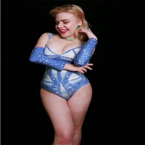 Y98 Sexy female blue bodysuit women dress rhinestone stage costume party wears singer tights bar cuff elastic leotard jumpsuit