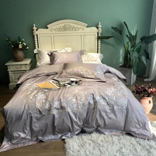 Grey luxury Royal 120S Egyptian cotton Embroidery Bedding sets Queen King Wedding Duvet cover Bed sheet set Pillowcases 4pcs