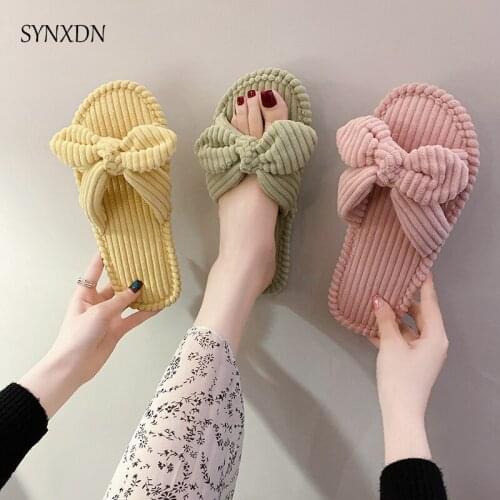 SYNXDN 4 Seasons Home Women Slippers Solid Slides Girl Slippers Butterfly-Knot Soft Comfortable House Shoes Female Footwear