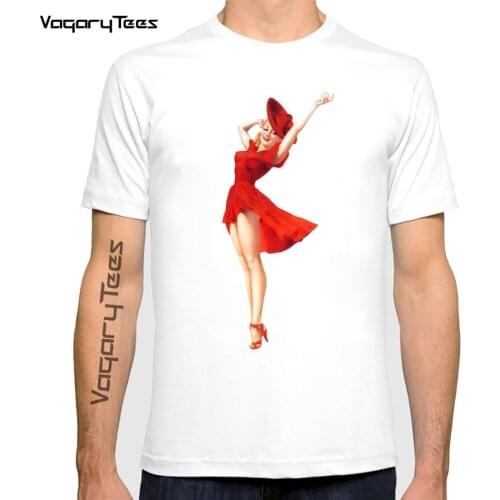 Vintage Collection Pin Up Girl in Red Dress Graphic T-Shirt Fashion Men Short Sleeve Old Print White Casual Tops Boy Tee shirt