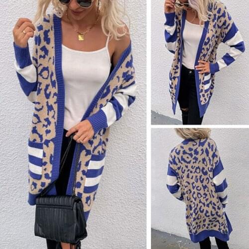 ZJZLL Autumn and Winter New European and American Leopard Print Knitted Sweater Womens Mid-length Loose Color Matching Cardigan
