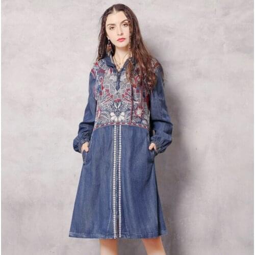 Hooded Loose Zipper Mid-length Denim Trench Coat 2020 Retro Embroidery Casual Fashion Autumn Winter Jacket Women
