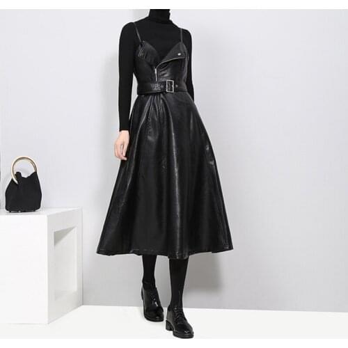 RYFIX New Fashion Autumn Black Strapless PU Leather High Waist Belt Zipper Loose Dresses Women Fashion Tide Vestidos HOT Y2073