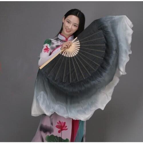 1 Pair Chinese Bamboo Folding Silk Fan Veils Belly Dance Props Black White Gradient Sequin Circle Fan 76cm Extra Long