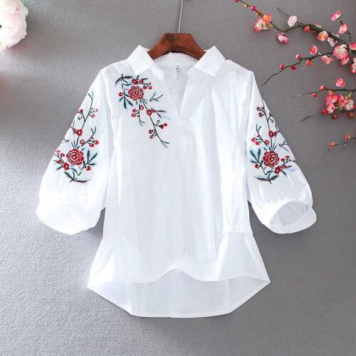 Blouse Women Summer Retro Style Loose Embroidery Lapel Half Sleeve Pullover Lantern Sleeve High Waist Top Blusas Mujer De Moda