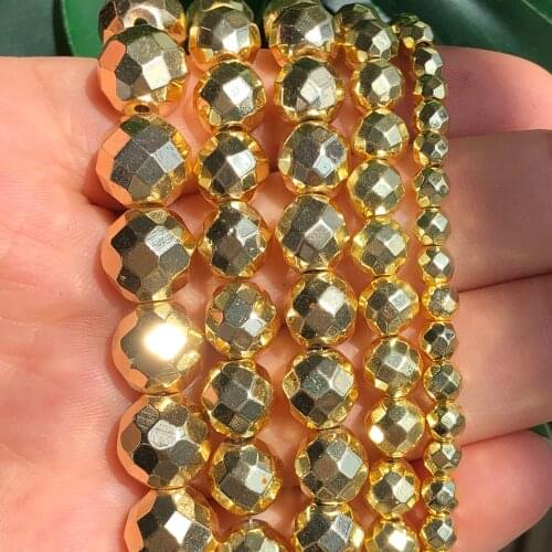 Natural Faceted 18 Gold Hematite Stone Beads Round Ball Spacer Loose Beads For Jewelry Making DIY Necklace Bracelet 3/4/6/8/10mm