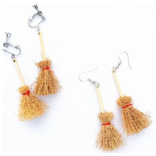 Halloween Funny Fantasy Witch Broom Dangle Earrings Handmade Wooden Broom Drop Earrings for Woman Personality Party Jewelry