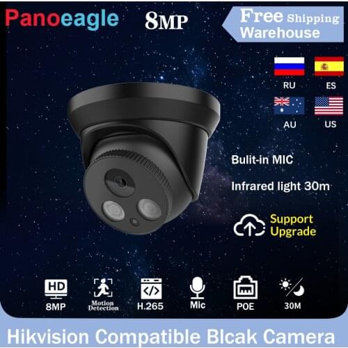 Hikvision Compatible 8MP Black IP Camera Outdoor Home Security CCTV Infrared Video Dome Camara Bulit-in Mic POE IR 30m H.265