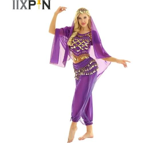 Women belly dance costume professional India Dance Costume Set Short Lanterns Sleeves Coins Top Harem Pants Hip Scarf Head Scarf