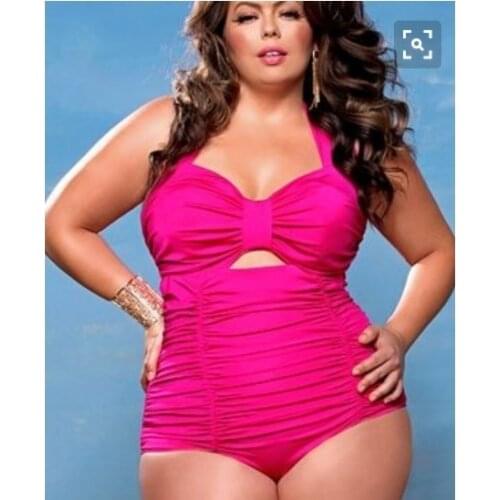 Fat Women Plus Size Swimsuit One-Piece Solid Bikini Halter Ruched Swimwear Sweatheart Neck Backless Full Coverage Bathing Suit