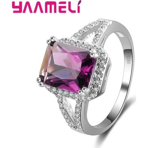 Hot Sale 925 Silver Fashion Rings With Big Fuchsia Square Cut CZ Crystal Fashion Jewelry Wholesale Price