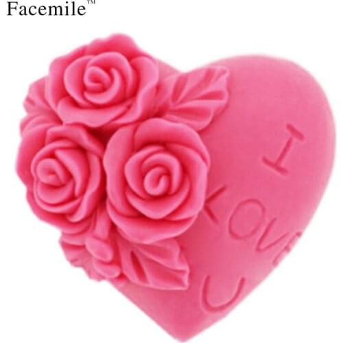 Cute 3D Silicone Gift Heart I Love U Rose Flower Chocolate soap Mould Candle Polymer Clay Molds 50-58