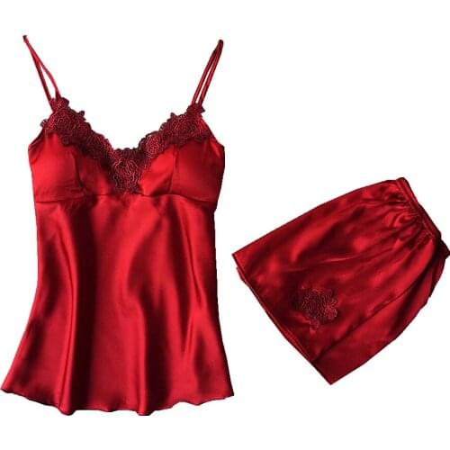 New 2pcs Womens Sexy Embroidery Floral Satin Lace Sleepwear Push Up Camis Topa Babydoll Lingerie Nightdress Pajamas Set