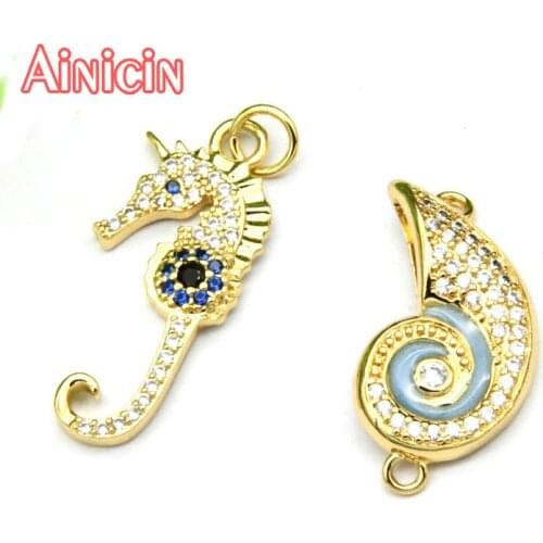 New Arrival Summer Jewelry Making Findings CZ Setting Sea horse Hippocampus Pendant Charms Sea Snail Gold Plating Connrctors