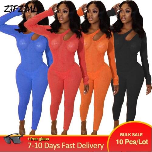 Bulk Items Wholesale Lots Unique Design Rompers Womens Jumpsuit Hollow Out Shoulder Full Sleeve Transparent Skinny Club Outfit