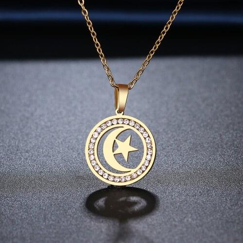 CACANA 316L Stainless Steel Moon Stars Necklace NEW Crystal Rhinestone Necklaces For Women Wedding Valentines Day Gifts