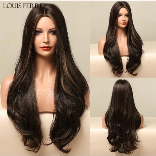 LOUIS FERRE Ombre Black Brown Cosplay Synthetic Wigs Long Middle Part Wavy Natural Hair Wig For Black Woman Afro Heat Resistant