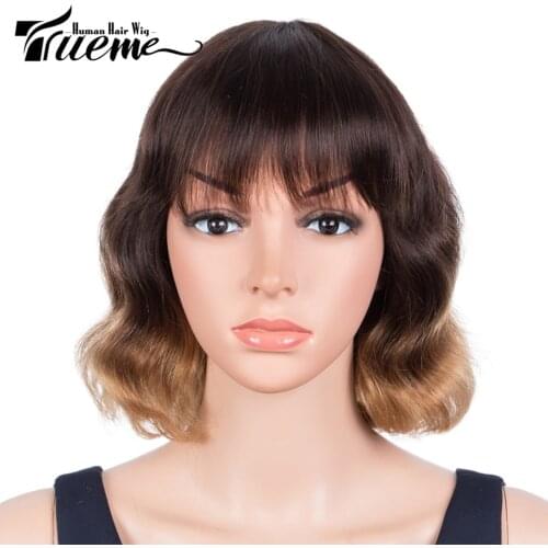 Trueme Short Body Wave Bob Wig With Bangs Brazilian Ombre Human Hair Wigs Colored Black Blonde Burgundy Blunt Cut Bob Full Wig