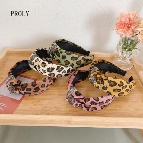 PROLY New Fashion Women Hairband Wide Side Leopard Headband Rhinestone Headwear Adult Center Knot Turban Hair Accessories
